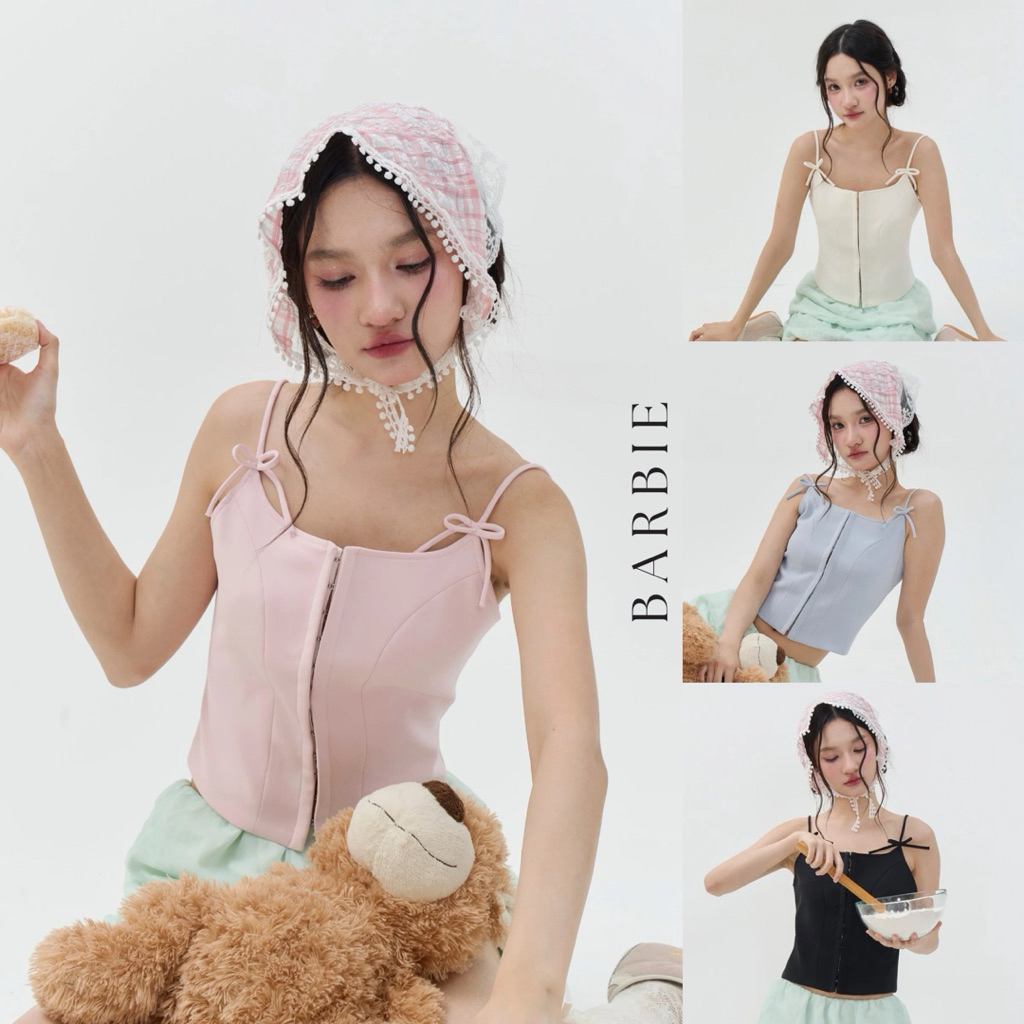 BARBIE TOP (เฉพาะเสื้อ) สายเดี่ยวโบว์ ผ้านิ่มอัดกาว ซับในทั้งตัว ใส่แล้วทรงสวยไม่ย้วย สายปรับได้
