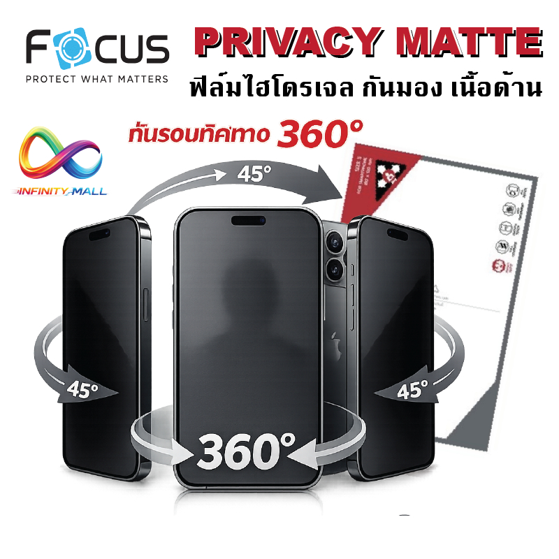 Focus ฟิล์มไฮโดรเจล กันมองรอบทิศทาง ด้าน สำหรับ iPhone 17 16 15 14 13 12 11 Pro XR Xs max plus Air privacy hydrogel film