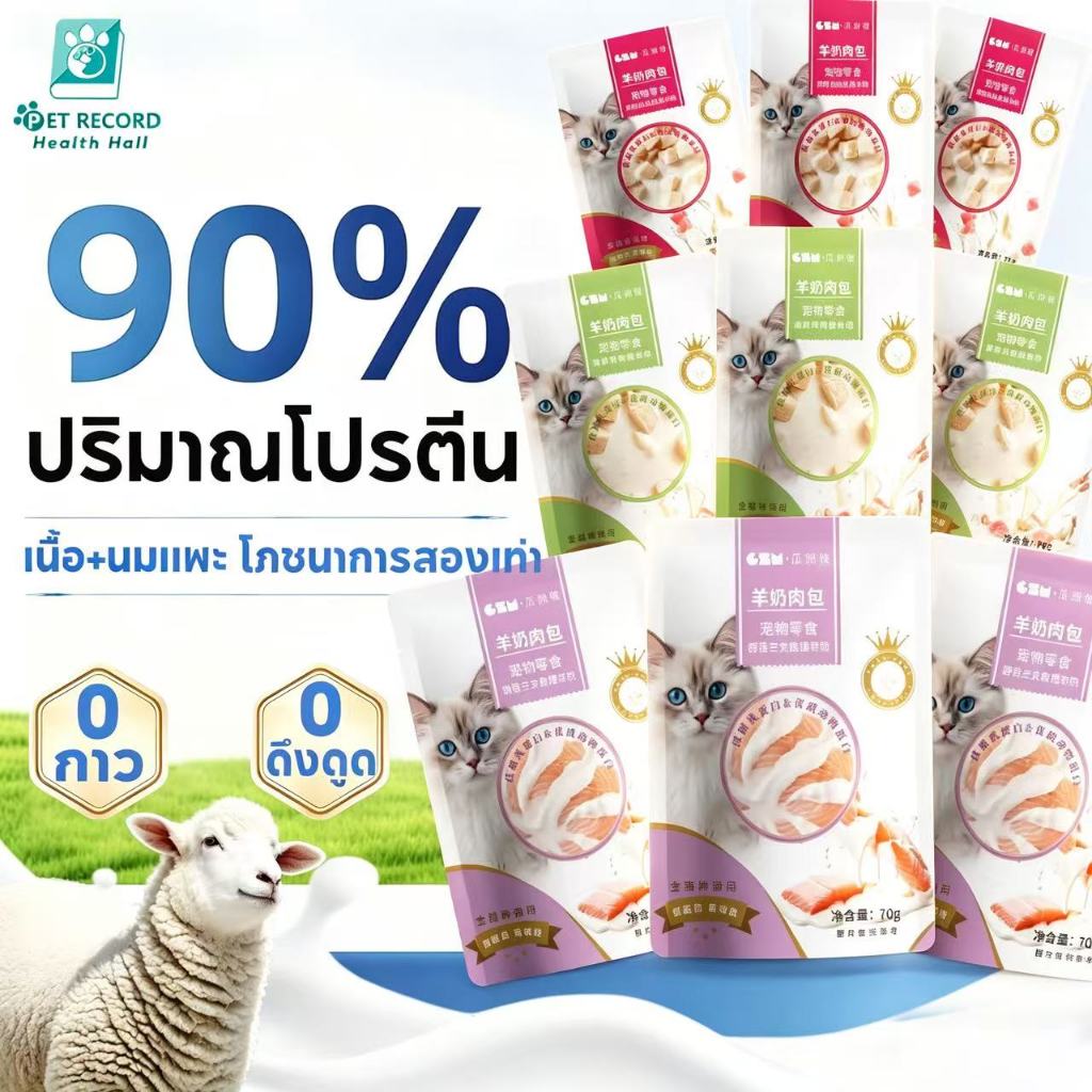 [20ซอง] Pet Record อาหารแมวเปียก 70g เพิ่มนมแพะ โปรตีนสูง บำรุงผิวหนังและขน รสทูน่า แซลมอน