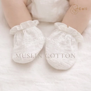 Cali ถุงมือถุงเท้า เด็กอ่อน ผ้ามัสลินทอเส้นใยธรรมชาติ🌿สีพื้นพาสเทล *ป้าย Cali Baby