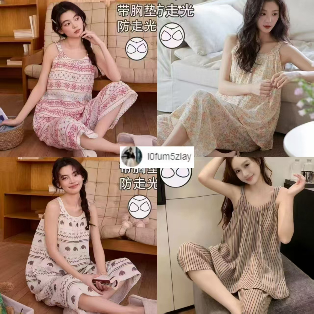 (ราคาถูกที่สุด)ชุดนอนผู้หญิง，มาพร้อมกับแผ่นรองหน้าอก，ผ้าฝ้ายคุณภาพดี，กางเกง 7 ส่วน + เสื้อกั๊ก，M-2XL