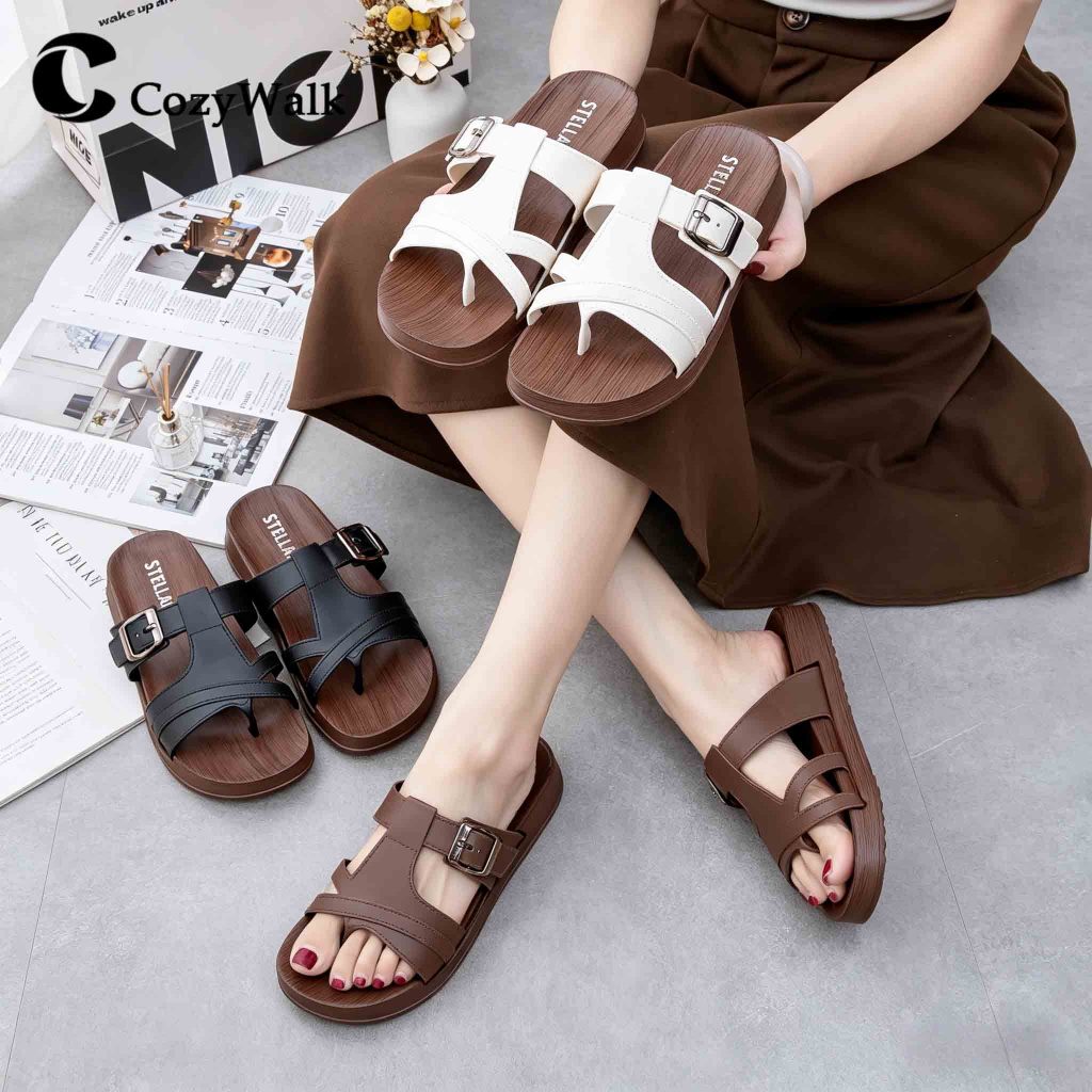 CozyWalk รองเท้าแตะผู้หญิง แบบคีบ ยาง PVC แฟชั่นวินเทจ สายคาดคู่ ปรับระดับได้ ใส่สบาย ไม่ลื่น มี 3 สี