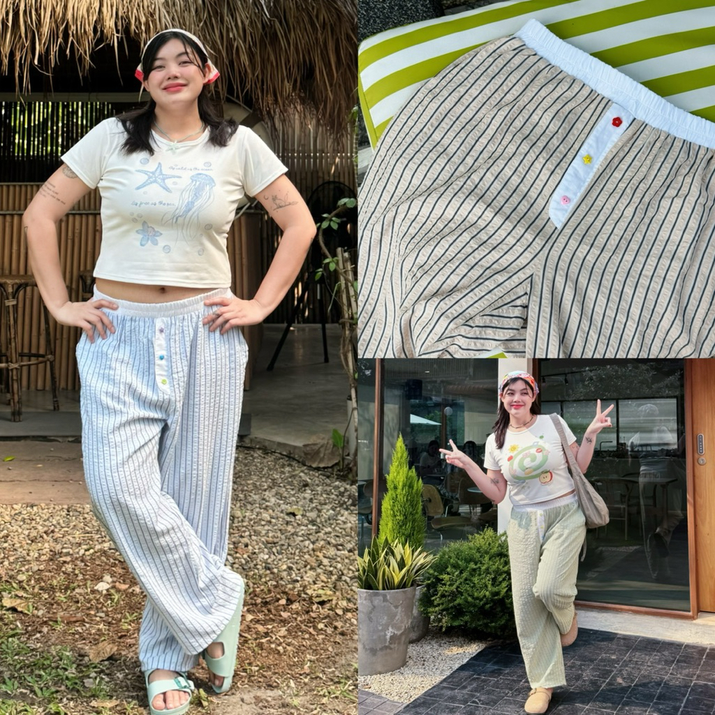 SS Homie pants กางเกงขายาวเอวยืด ทรงขากว้าง ใส่สบาย ผ้าเทกเจอร์ ไม่ต้องรีด แต่งกระดุมหลากสี