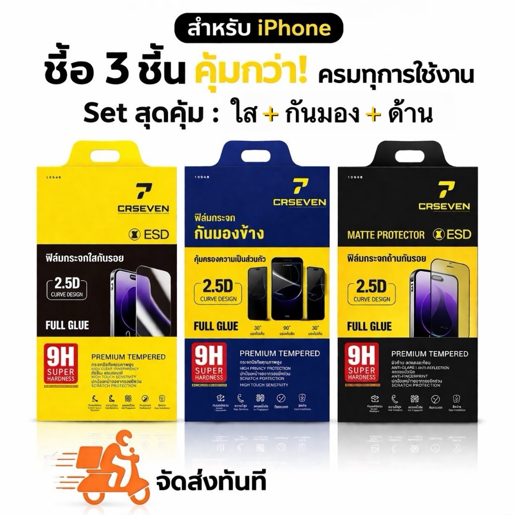 cxshop (010/037/020) (3 in 1) ชุดสุดคุ้ม! ฟิล์มกระจก 3 แบบ (ใส/ด้าน/กันมอง) รุ่น iPhone ฟิล์มกันรอย 9H กันกระแทก