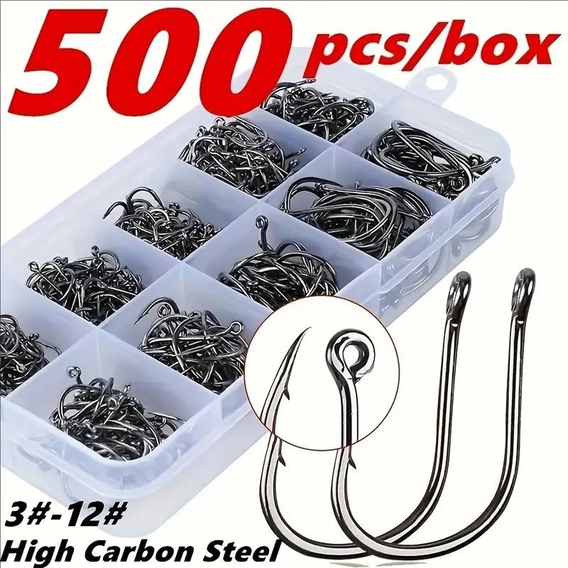 500 ชิ้น / กล่อง 3 #-12 # ตะขอตกปลาเหล็กกล้าคาร์บอน สีดำ สเตนเลส หัวทนทาน ขายปลีกคละขนาด หนาม อุปกรณ์ตกปลา