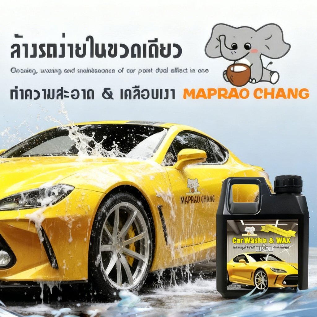 MAPRAOCHANG 1000ml น้ำยาล้างรถ ผสมแร็กซ์ แชมพูล้างรถฟองนุ่ม ลบคราบได้อย่างมีประสิทธิภาพ สูตรล้างและเคลือบเงารถยนต์