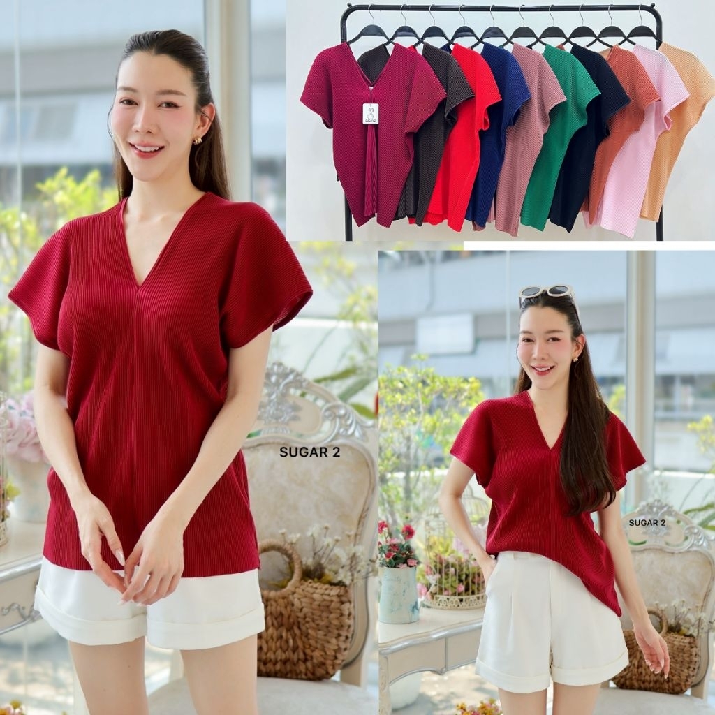 📌เสื้อคอวี ผ้า:อัดพลีท ทรงใหญ่ใส่สบาย อก36-50นิ้ว ยาว:25นิ้ว