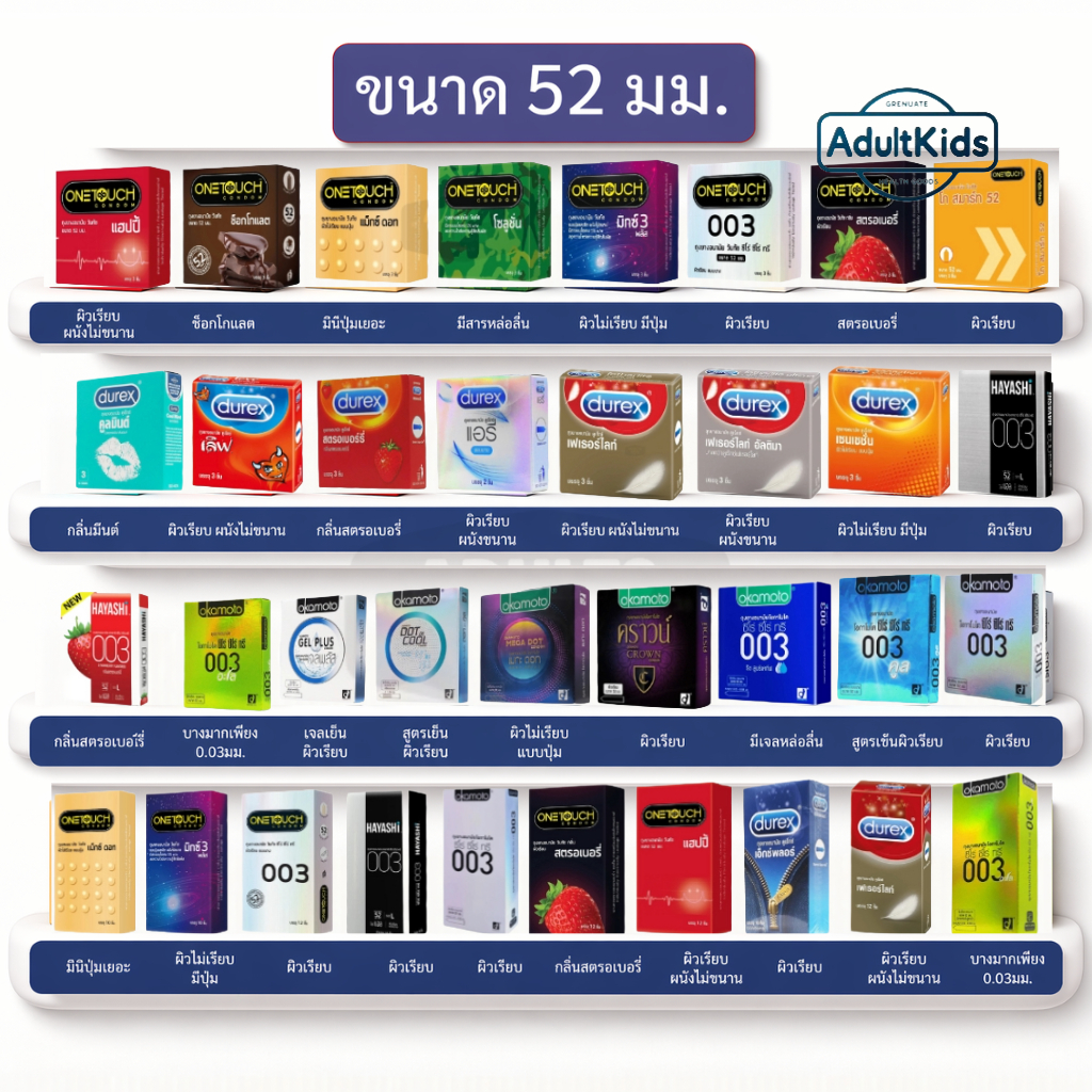 ถุงยางอนามัย onetouch durex Hayashi Okamoto ขนาด 52 มม. เลือกสินค้าด้านใน