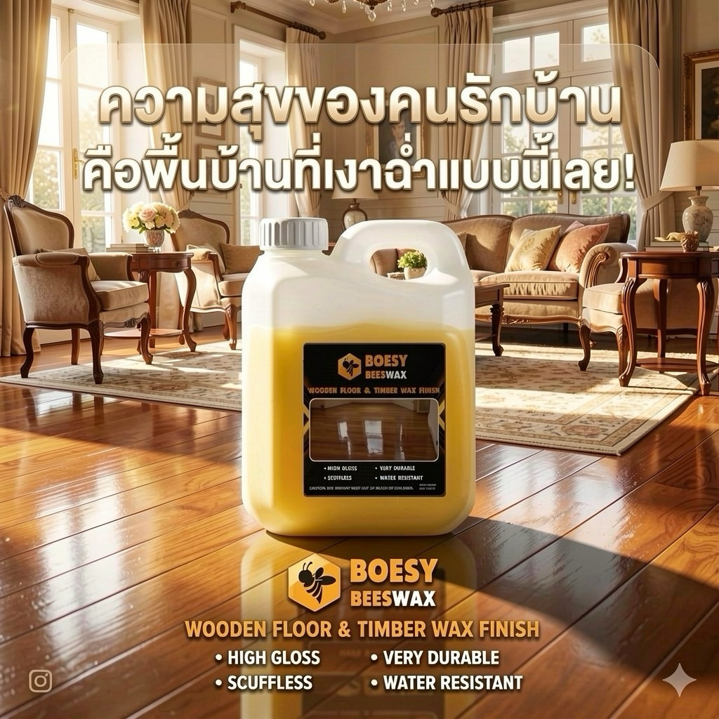 ขี้ผึ้งเคลือบเงาไม้ ขี้ผึ้งทาไม้  Beewax แบรนด์ Boesy ทําความสะอาดเคลือบเงา ชุบชีวิตเฟอร์นิเจอร์ไม้  และทุกพื้น 1 ลิตร