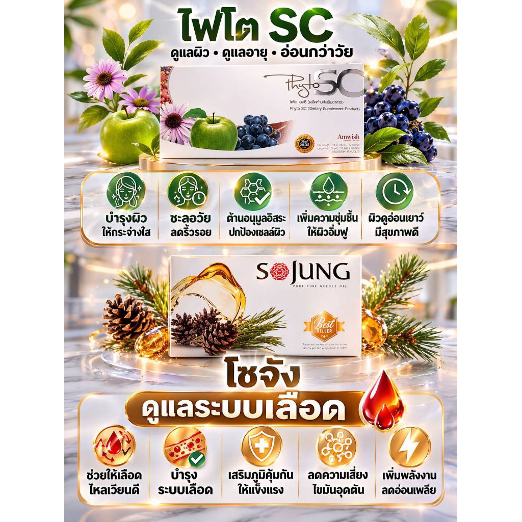 (amwish)  phyto sc stemcall1 กล่องมี 10 ซองและsojung 1 กล่องมี 10 แคปซูล ผลิตภัณฑ์อาหารเสริมเพื่อสุข