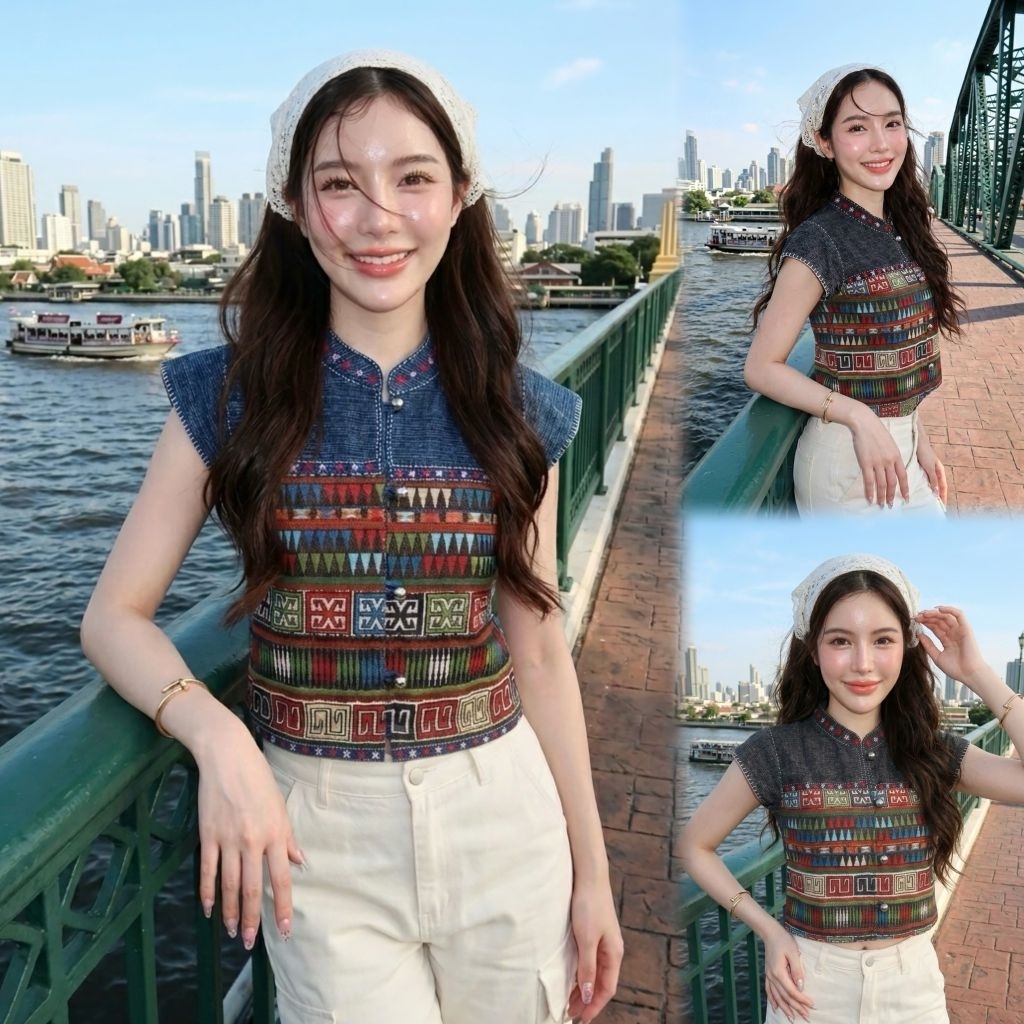 เสื้อพื้นเมืองผู้หญิงคอจีนแขนเต่อ แต่งผ้าทอลาย รุ่น "รุ่งอรุณทอ“