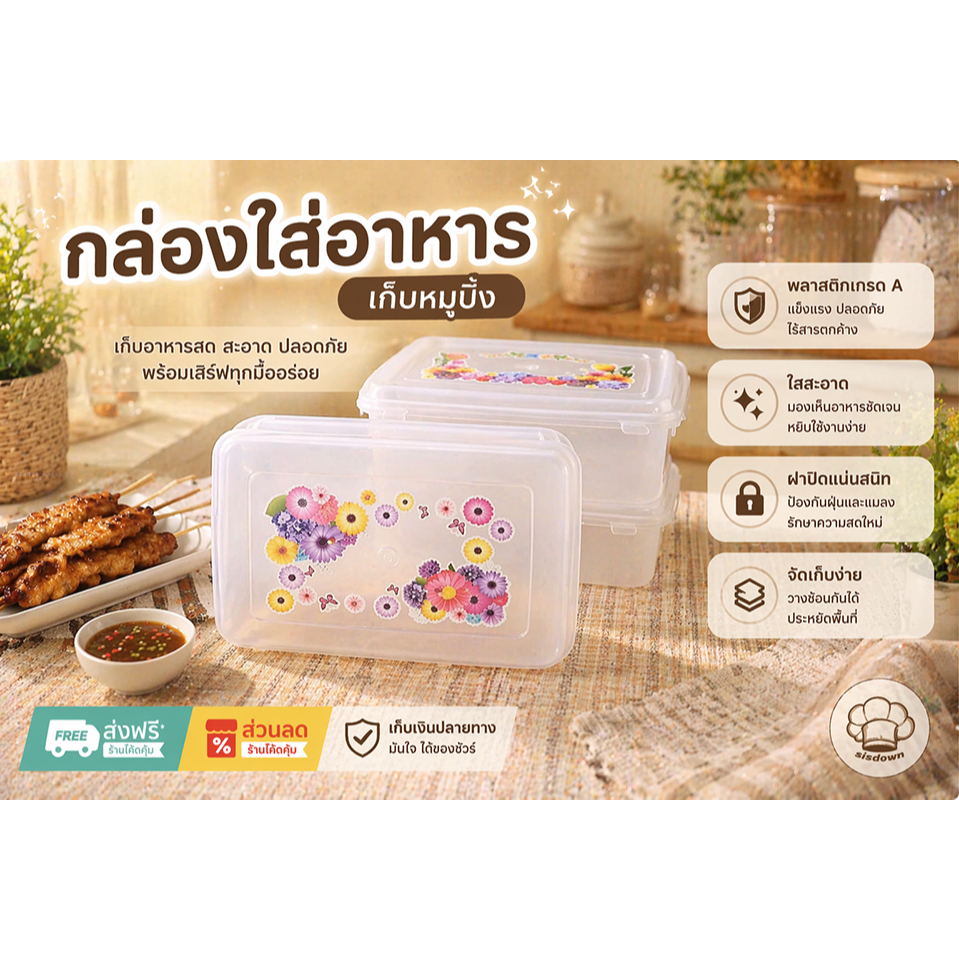 (ยกโหล) กล่อง กล่องหมูปิ้งไม้ กล่องใส่อาหาร ใส่ของแช่เย็น เก็บอาหาร (ฝาคละลาย) แช่ผัก T4-72