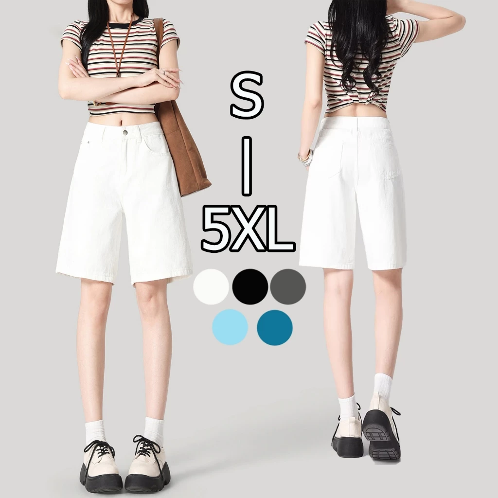 S~5XL White Shorts กางเกงยีนส์ขาสั้นสีขาวเอวสูงมีสไตล์ กางเกงขาสั้นทรงตรงทรงหลวม ลำลอง และใช้งานได้หลากหลาย HOT