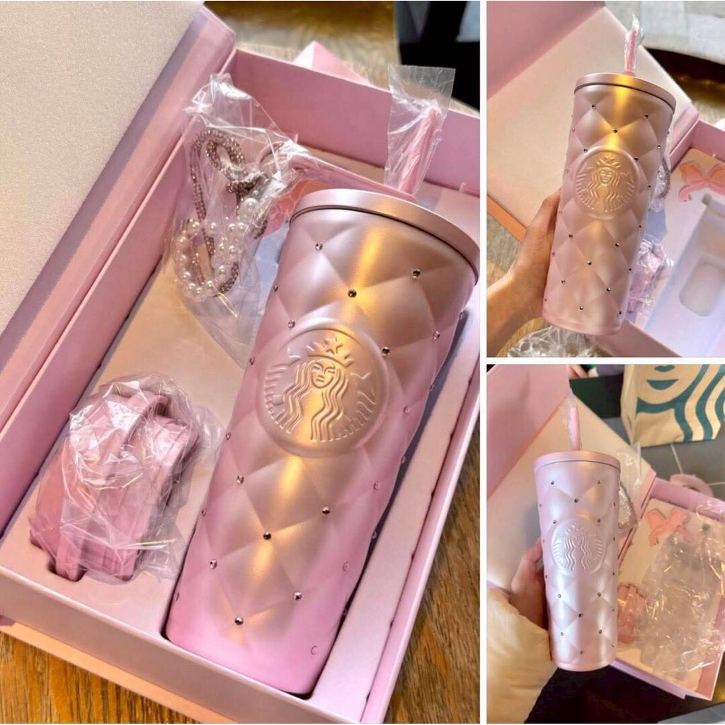 พร้อมส่งไวมาก แก้วเก็บเย็นสแตนเลสลายตารางสีชมพูประดับเพชร แก้วสตาบัคต
