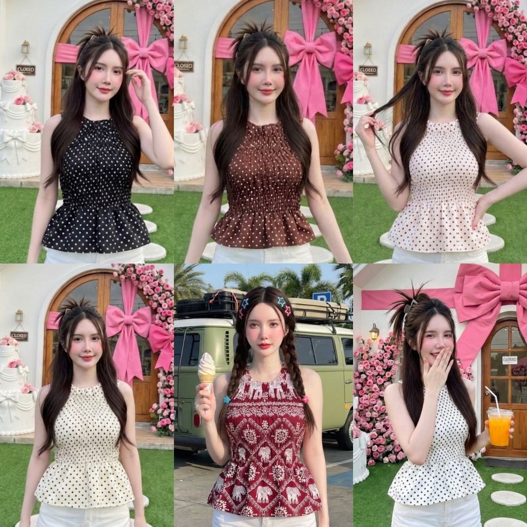 เสื้อแขนกุดสม็อคทั้งตัว แต่งระบายชาย น่ารัก ผ้าไหมอิตาลี