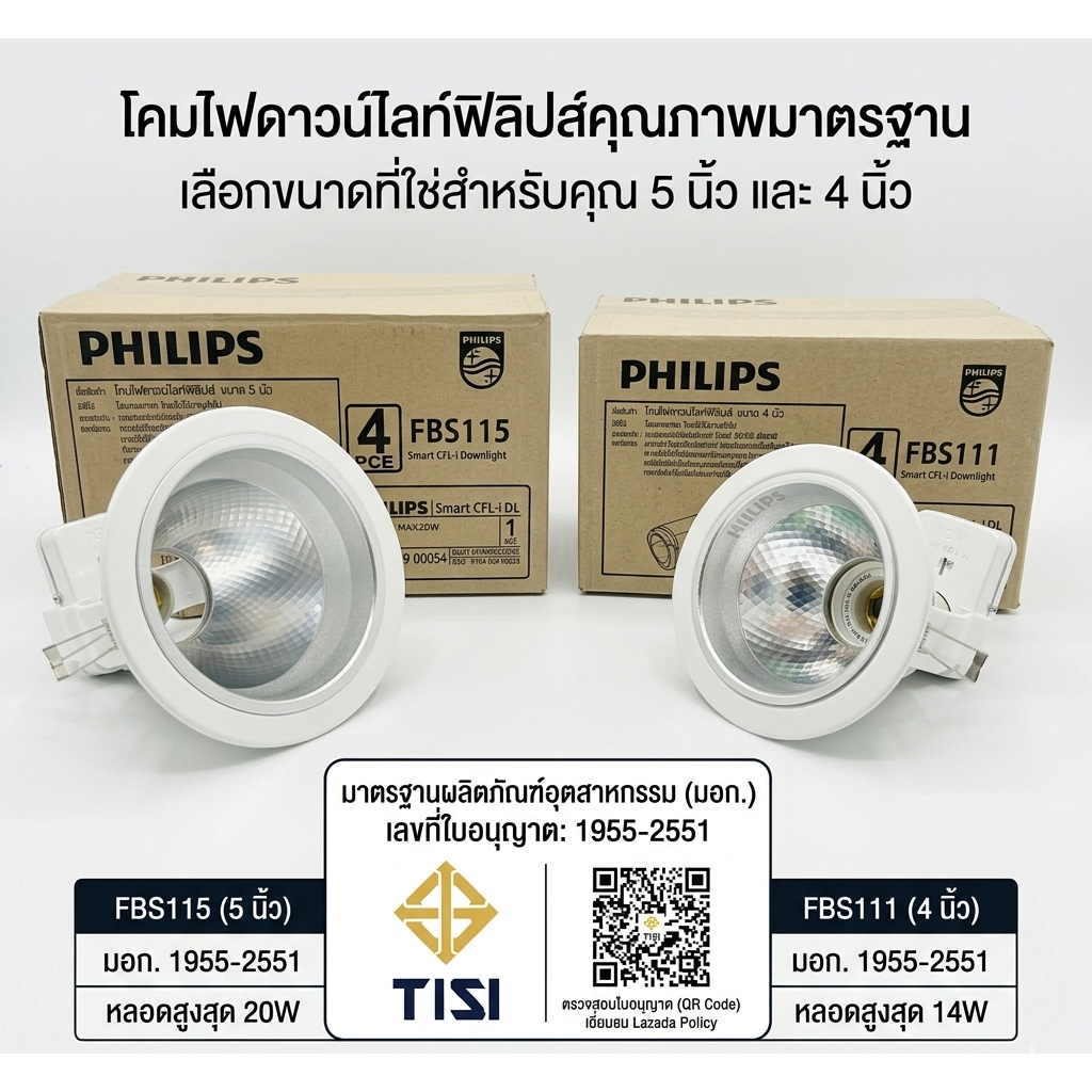 (เคลียร์สต็อค) Philips โคมไฟดาวน์ไลท์ หน้ากลม รุ่น FBS111 (4 นิ้ว) / FBS115 (5 นิ้ว) ขอบขาว