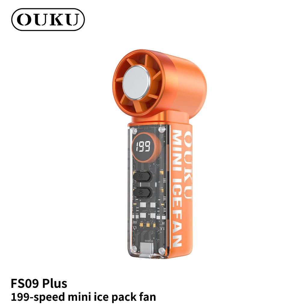 พัดลมไอเย็นมือถือ Mini OUKU FS09 Plus ลมแรงเย็นเร็ว ปรับได้ 5 ระดับ มีไฟ RGB/หน้าจอแสดงผล LED เสียงเ