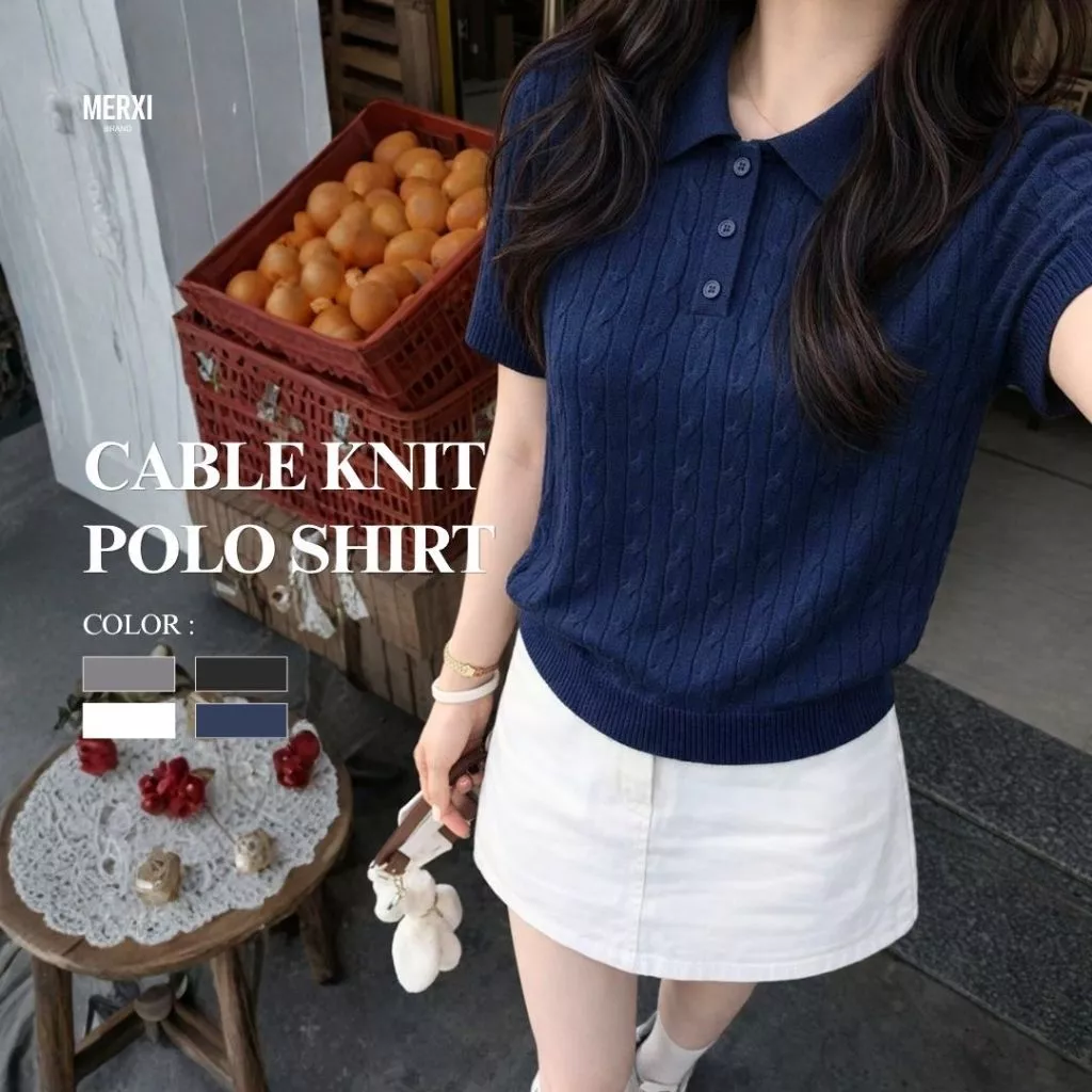 Merxi.brand - Cable knit polo shirt เสื้อโปโลไหมพรมลายเปีย แขนสั้น มินิมอล เนื้อผ้านุ่ม ใส่สบาย [พร้อมส่ง]