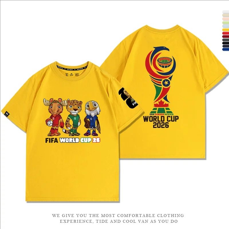 (รุ่นสีเหลือง) 2026 มาสคอต FIFA World Cup World Cup Short sleeved T-shirt การพิมพ์แบบหลวม ๆ สำหรับผู้ชายและผู้หญิง