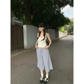 [Trendy wide leg cropped pants]วินเทจสูงถนนผู้หญิงสบาย ๆ กีฬาเทรนด์กว้างขากางเกงคาปรี