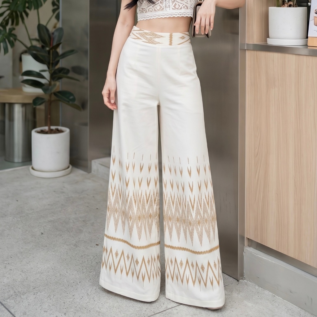 กางเกงขาบานผ้าฝ้ายหมักโคลน พิมพ์ลาย