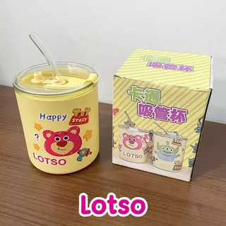 แก้วน้ำลายการ์ตูน 350 ml. มีฝาปิดกันฝุ่น กันหก พร้อมหลอดแก้ว แบบมีกล่องใส่ มอบเป็นของชำร่วย ของขวัญได้ ส่งจากไทย!!!