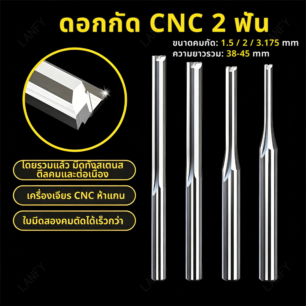 ดอกกัดตรงคาร์ไบด์ 2 ฟัน ขนาด 1.5/2/3.175 มม. งานไม้ อะคริลิค PVC