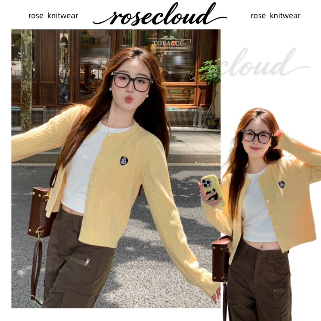 rosecloud เสื้อคาร์ดิแกนถักสำหรับผู้หญิง คอทรงกลม ปักลายหัวใจสีลูกกวาด สไตล์เกาหลี ทรงหลวม ช่วยให้ดูผอมเพรียว
