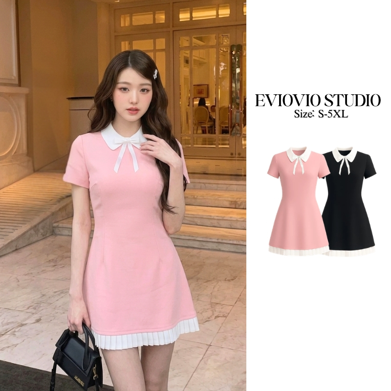 【EVIOVIO】S-5XL ชุดเดรสสั้น ปก Peter Pan สีขาว  โบว์ประดับเพชร ชายกระโปรงพลีท ทรง A-line สไตล์ญี่ปุ่น ราคา ถูกที่สุด ดีลบีเคเค