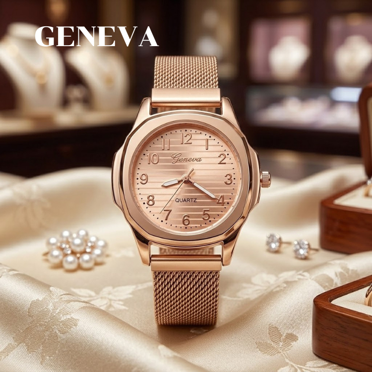 นาฬิกาข้อมือผู้หญิง GENEVA ทรงแปดเหลี่ยมมน สายเหล็กแม่เหล็ก ปรับขนาดได้ง่ายโดยไม่ต้องตัดสาย