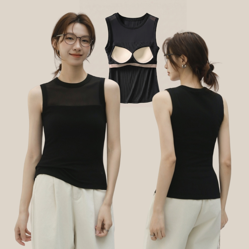 WsimpleBra | Cindy Tank Top เสื้อแขนกุด แบบซีทรู มีบราในตัว เลิกใส่ชุดชั้นในและซิลิโคลปิดจุก