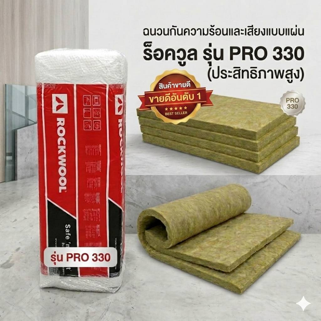 ROCKWOOL ฉนวนกันเสียงและฉนวนกันความร้อน ร็อควูล รุ่น Pro330 ขนาด 600×1200 mm.แยกแผ่น หนา 50-75mm.