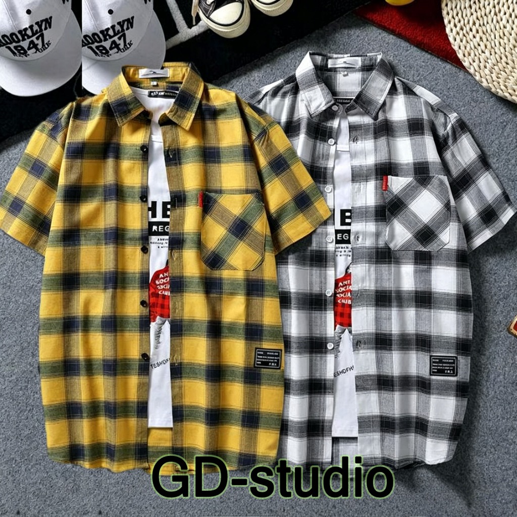GD เสื้อดำคอปก เสื้อเชิ้ตแขนสั้นคอกลมแขนสั้นผ้าใยสังเคราะห์ผู้ชาย 2 สี M - 3 xL เสื้อผ้าท่อนบนสำหรับบุรุษ เสื้อเช็้ด