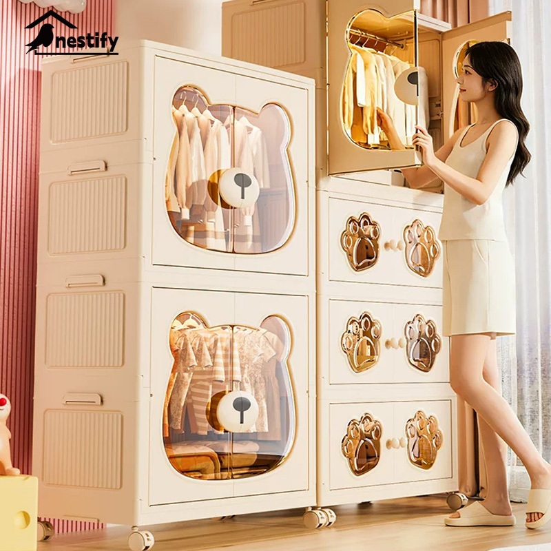 Nestify 🐻ตู้เสื้อผ้าเด็ก ตู้ใส่เสื้อผ้า รูปหมีการ์ตูน ป้องกันความชื้น แข็ง มีล้อ คุณภาพ จัดส่งในวันเดียวกัน