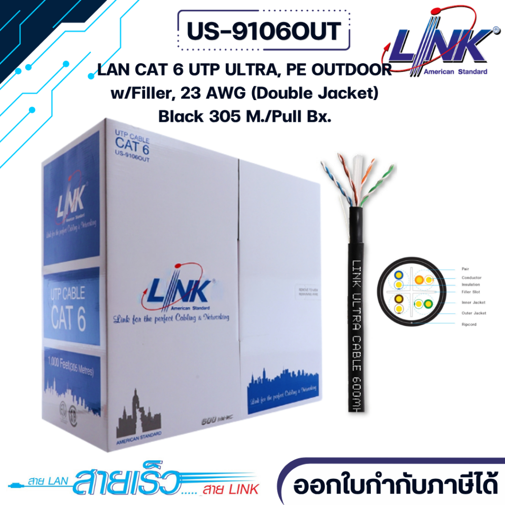 LINK สายแลน CAT6 UTP OUT DOOR รุ่น US-9106OUT ขนาด 305 เมตร สีดำ