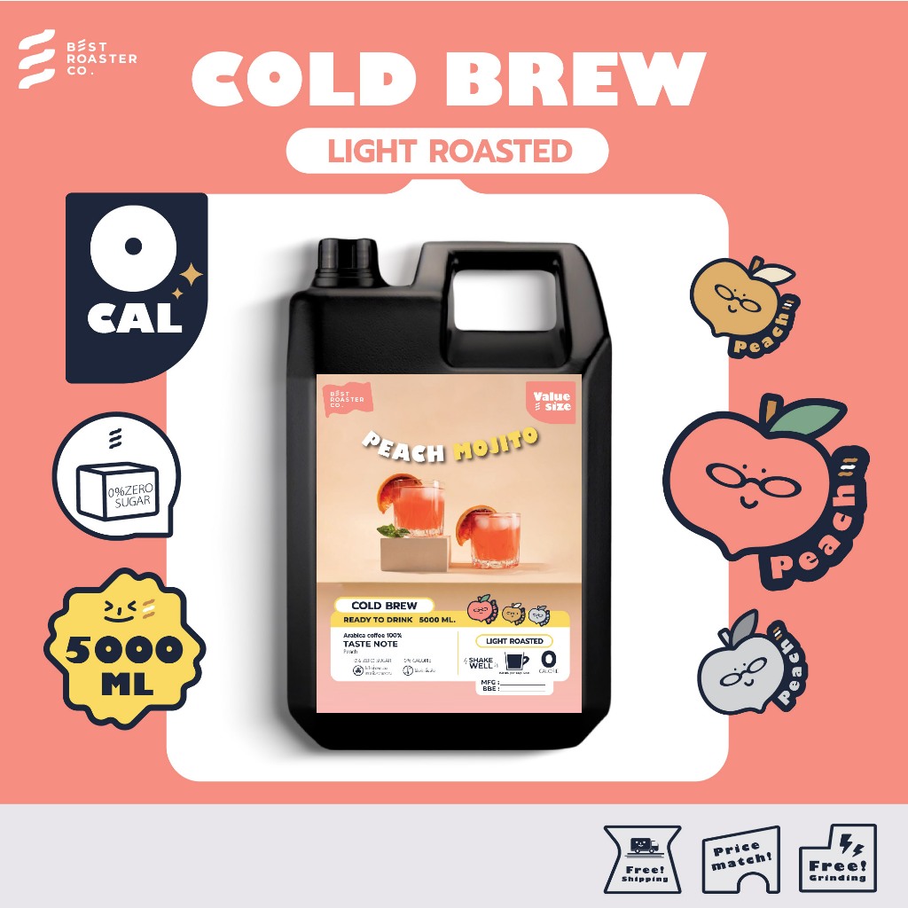 กาแฟ Cold brew Peach Mojito สกัดเย็น คั่วอ่อน กาแฟสกัดเย็นพร้อมดื่ม กลิ่นพีช หอม สดชื่น ขนาด5 ลิตร