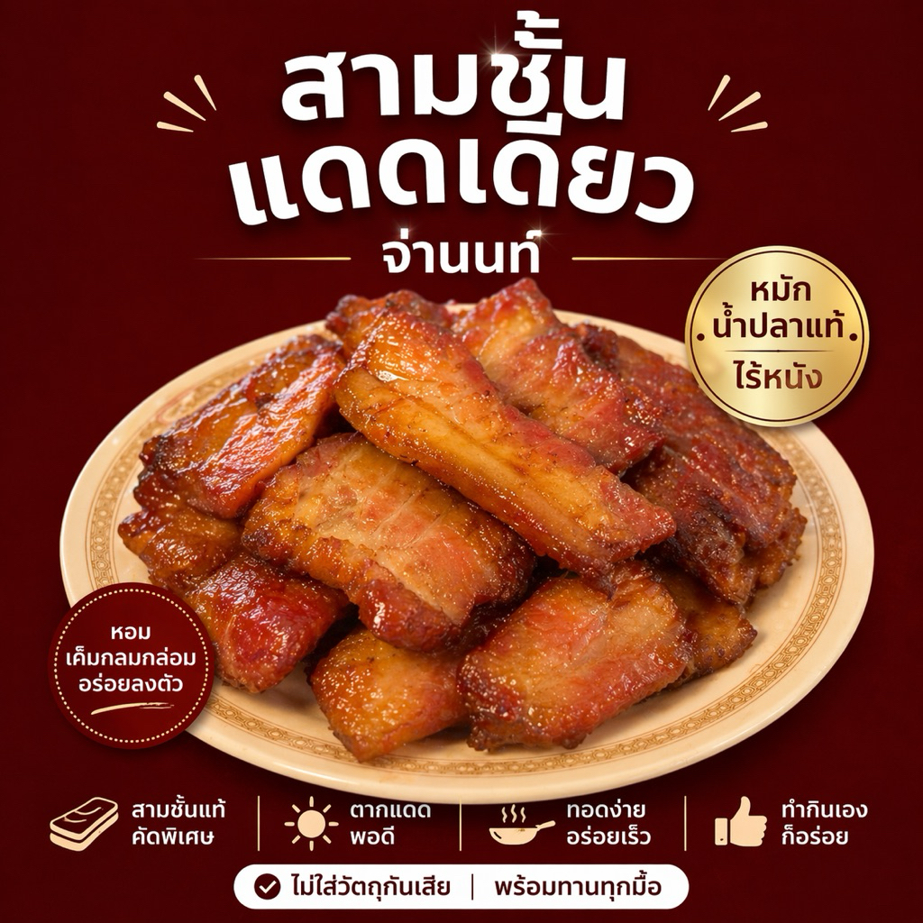 สามชั้นแดดเดียวน้ำปลา จ่านนท์ นุ่มหอมน้ำปลาแท้ พร้อมทอด อร่อยง่าย