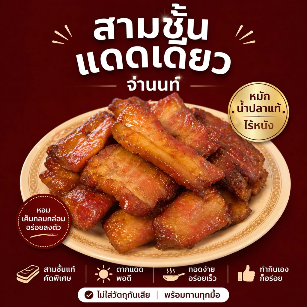 สามชั้นแดดเดียวน้ำปลา จ่านนท์ นุ่มหอมน้ำปลาแท้ พร้อมทอด อร่อยง่าย