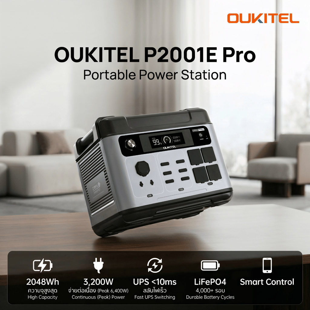 OUKITEL P2001E Pro พาวเวอร์สเตชั่น 2048Wh จ่ายไฟแรง 3200W แบตทน LiFePO4 ชาร์จไว 1.5 ชม.