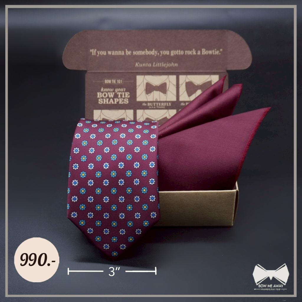 เซ็ทเนคไทเบอร์กันดีลายFloralไมโครแพทเทิร์น+ ผ้าเช็ดหน้าสูท