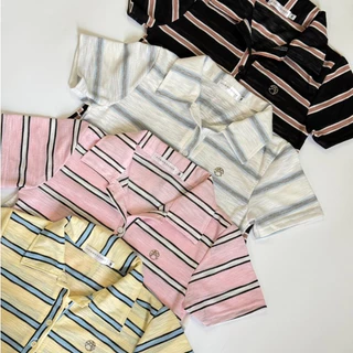 Brooke top เสื้อโปโลแขนสั้นลายทาง แต่งงานอะไหล่ (Size M,L) ผ้าเนื้อเบาใส่สบายระบายอากาศ AOMMKOSHOP - S119