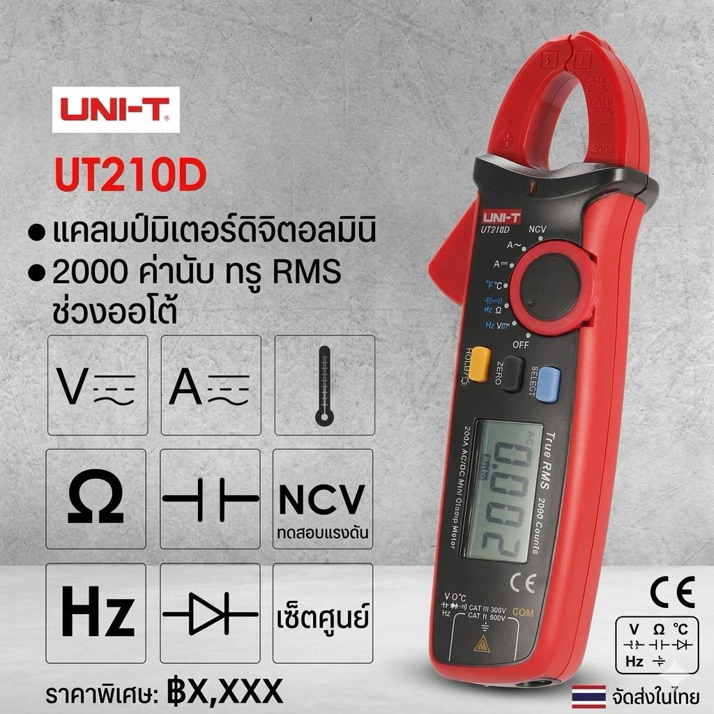 ดิจิตอลแคลมป์มิเตอร์ คลิปแอมป์ UNI-T รุ่น UT-210D True RMS (มีสายวัดอุณหภูมิ) ของแท้100% จากรง
