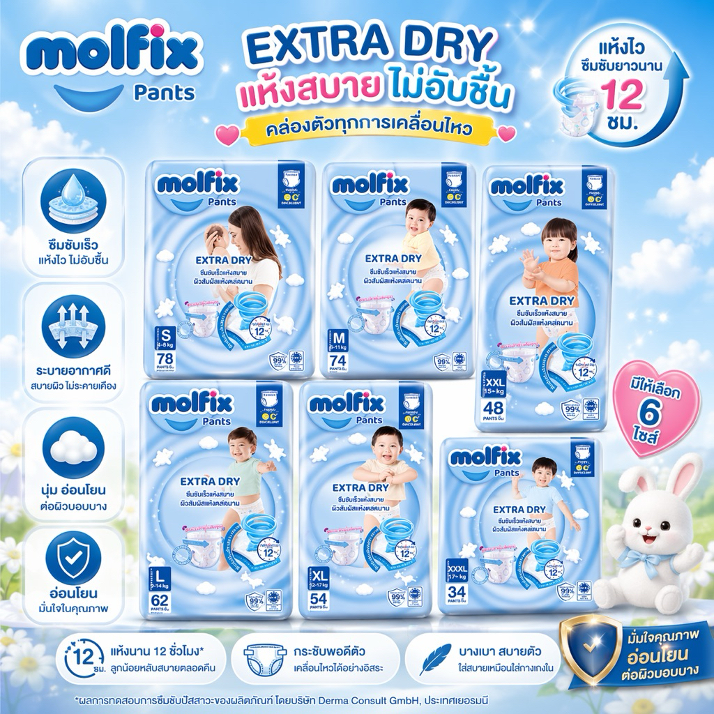 Molfix Extra Dry ผ้าอ้อมเด็ก โมลฟิกซ์ ผ้าอ้อมสำเร็จรูป แพมเพิส (ไซส์ S-2XL)