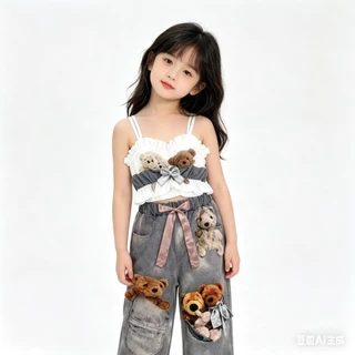BB247 ชุดเด็กผู้หญิง เสื้อสายเดี่ยวแต่งระบาย+กางเกงขายาวลายหมี น่ารักหวานๆ