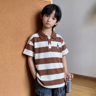 เสื้อยืดแขนสั้นสำหรับเด็ก เสื้อโปโลลายทางสไตล์เกาหลี เสื้อโปโลผ้าฝ้ายแท้ปักลาย ดีไซน์ทันสมัยและใช้งานได้หลากหลาย