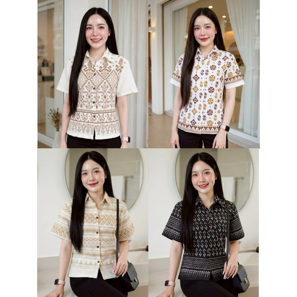 เสื้อเชิ้ตพื้นเมืองผู้หญิงลายไทย แขนสั้น