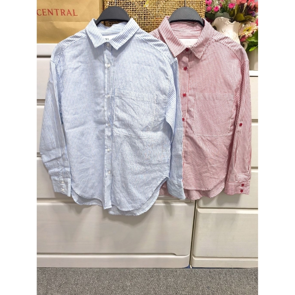 Za.r.a เสื้อเชิ้ตแขนยาว ลายทาง ไซส์เด็กโต สีฟ้าสาวตัวเล็กใส่ได้