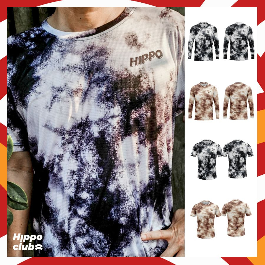 เสื้อวิ่ง HippoClub รุ่นTropical hippo ผ้า CubicAir สำหรับอากาศเขตร้อน ลายมัดย้อมพรางลอยเลอะสนามเทรล