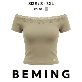Bemingtop1174(S-3XL)-Karyi Top - เสื้อปาดไหล่ดีไซน์คอปาดแต่งลูกไม้ เพิ่มดีเทลอะไหล่โลโก้ BEMING
