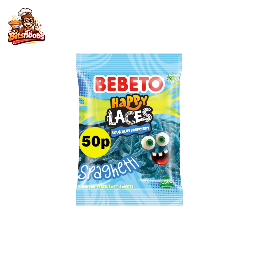 🍬BEBETO Happy Laces Sour Blue Raspberry 70g - เบเบโต้ แฮปปี้เลซ รสบลูราสเบอร์รี่ เยลลี่เส้นสปาเก็ตตี